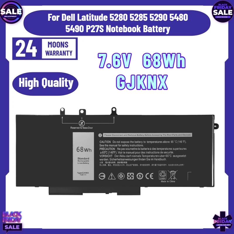 7.6V  68Wh GJKNX Laptop Battery for Dell Latitude 5280 5285 5290 5480 5490 P27S Notebook Battery