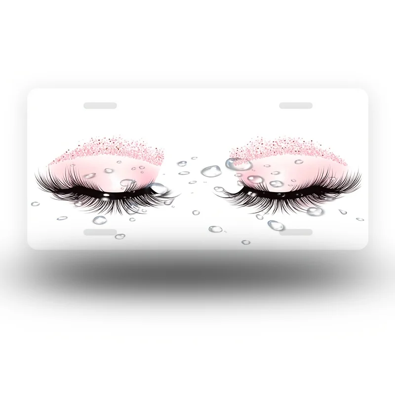 2D flat Pair of Eyes with Long Eyelashes and Pink Glitter Makeup Front License Plate, Aluminum License Plate Covers & Frames