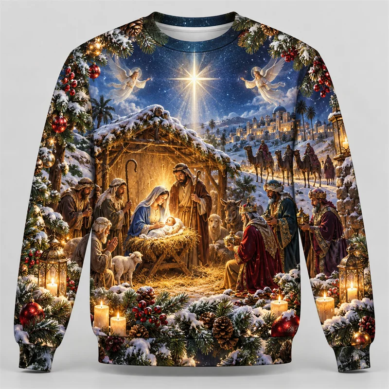 Jesus Christmas Sweatshirt Nativity Christian Faith Graphic Crewneck Xmas Pullover Holiday Winter Religious Gift Streetwear Top