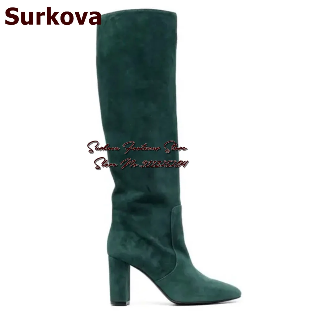 

Surkova Dark Green Suede Block Heel Knee Boots Sexy Chunky Heels Tall Boots Zipped Fall Winter Outdoor Dress Shoes Size46