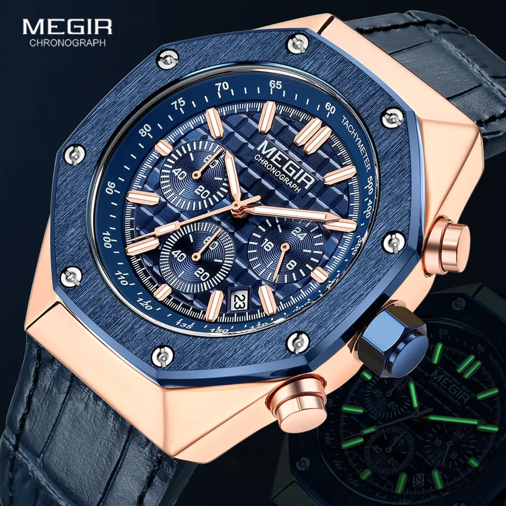 MEGIR Blue Leather Strap Quartz Watches Men Fashion Waterproof Chronograph Luminous Sport Wristwatch with Auto Date 24-hour 2213