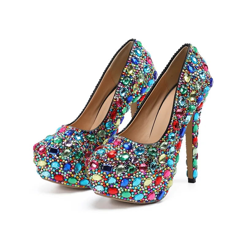 

Colorful Rhinestone High Platform High Heels Pumps Pointed Toe Bling Multi Crystal 14 cm Heels Woman Banquet Shoes