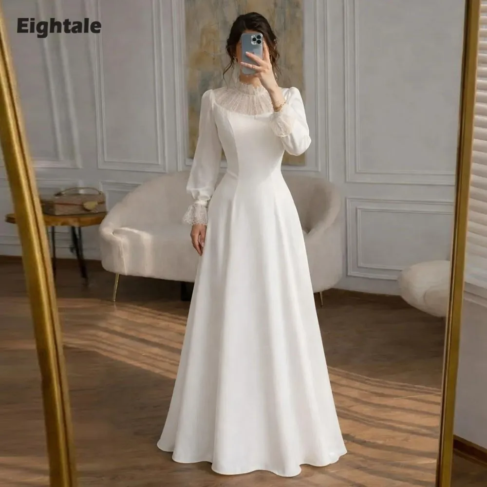Eightale Muslimisches Hochzeitskleid mit hohem Kragen, maßgeschneidert, weiß, elfenbeinfarben, A-Linie, Spitze, arabisches Brautkleid mit langen Ärmeln, Vestido De Noiva