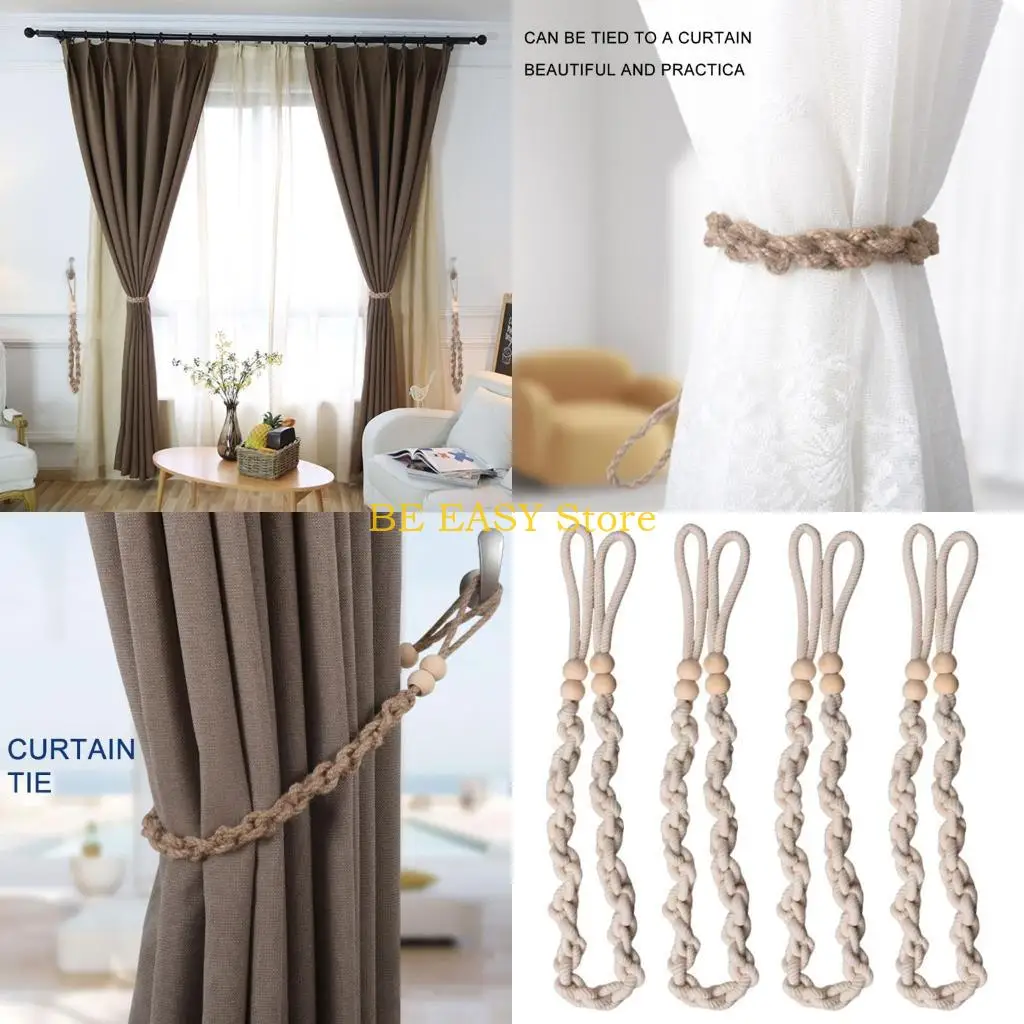 E28F Braided Woven Rope Curtain Tiebacks 4 Pack Twist Cord Window Drapery Bindings Holdbacks with Decorative Wood Beads