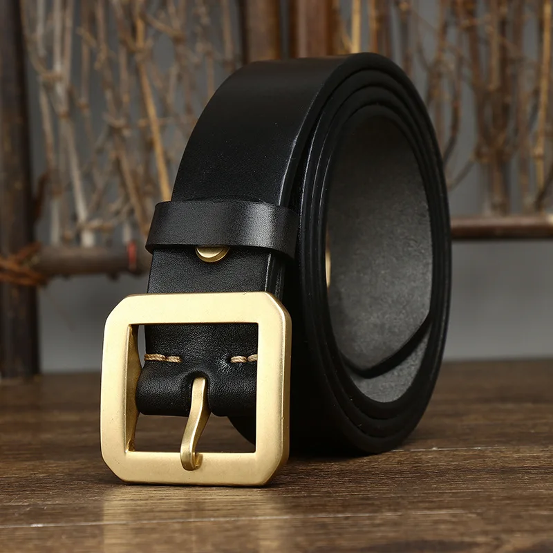 

5MM Thickened Leather Belt for Men Smoonth Genuine Leather Retro Brass Square Buckle Versatile Waistband 3.8CM/1.5'' Wide