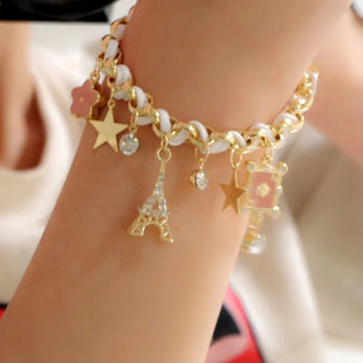 NEW Fashion Rope Chain Decoration Bracelet For Girl multicolor Eiffel Tower star poker Pendant Bangle Wholesale #18040