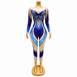 Female Costume Blue Butterfly Rhinestones Jumpsuits Sexy Leotard Crystals Bodysuit Nightclub DJ Singer Dancer Party Show Tights