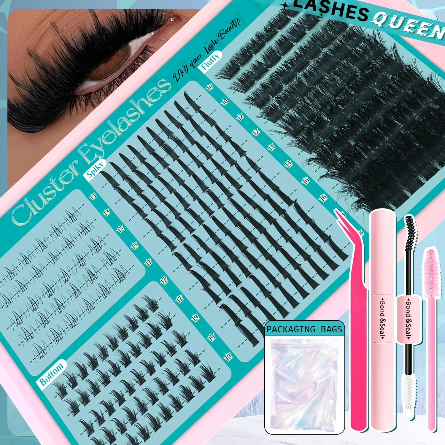 Wimpernverlängerungsset: Dicke Einzelwimpern mit Spikes & Unterwimpern, Kleber und Versiegelung für Make-up – Detail 3