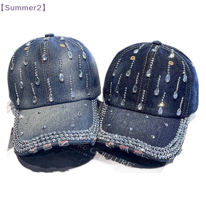 【Xia2】Korean Style Rhinestone Baseball Cap for Women Bling Denim Sun Hat Adjustable Casual Cap Fashion Outdoor Ponytail Cap{S}