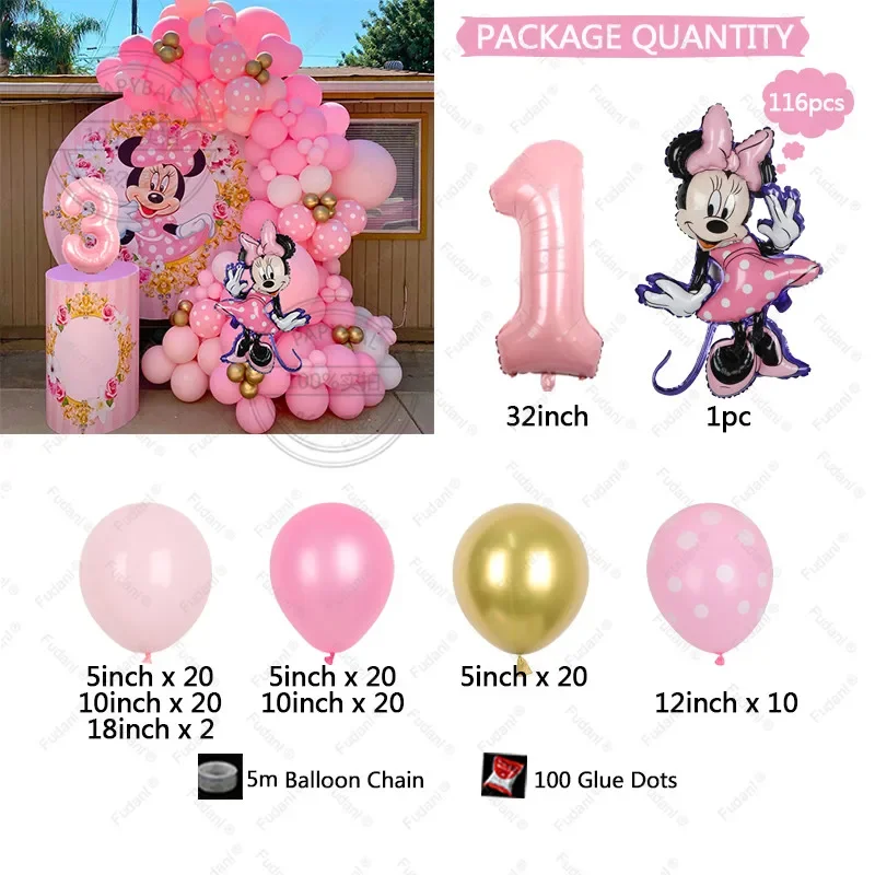 Kit ghirlanda di palloncini Disney Minnie Mouse Palloncini rosa Decorazioni per feste di compleanno per ragazze Baby Shower Dcors Globos Forniture