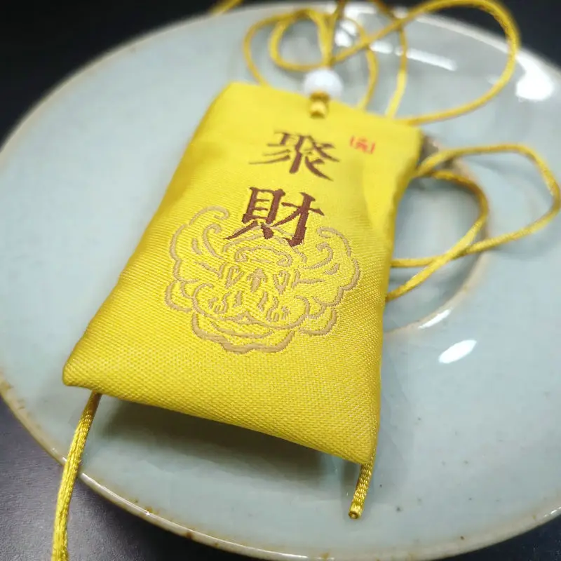 Bolsa de bendición auspiciosa de riqueza de recolección amarilla china, Feng Shui Pandant, es ser rico, suerte escrito a mano, felicidades