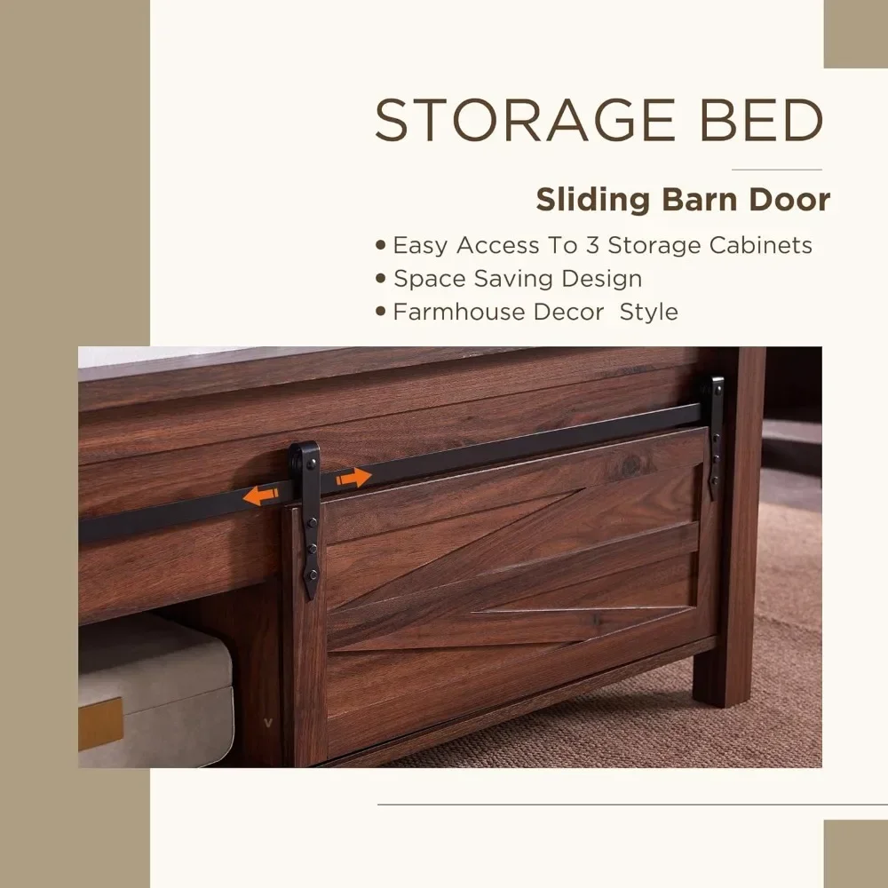 for King Size Bed Freme with Sliding Barn Door Storage Cabinets, Solid Wood Slats Support, Noiseless Beds