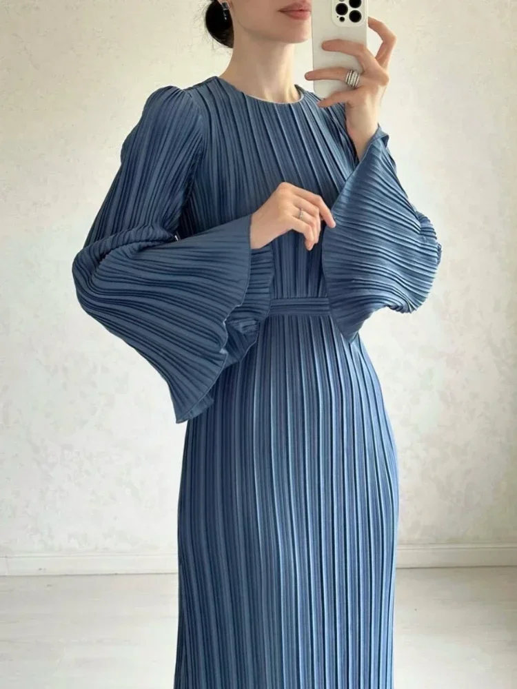 Eid Muslim Pleated Dress for Women Flare Sleeve Abaya Morocco Ramadan Lace-up Abayas Kaftan Islam Dubai Arab Modest Long Robe