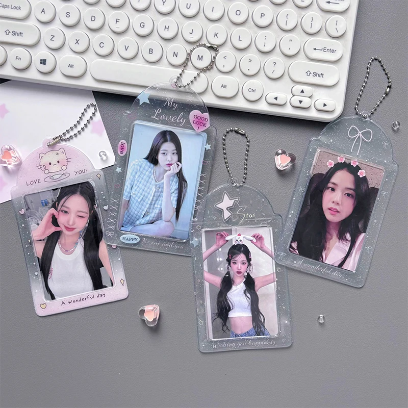 

Y2k Glitter Hearts Photo Card Holder Kpop Meal Card Bus Card Sleeves Transparent Photocard Protective Cover Pendant