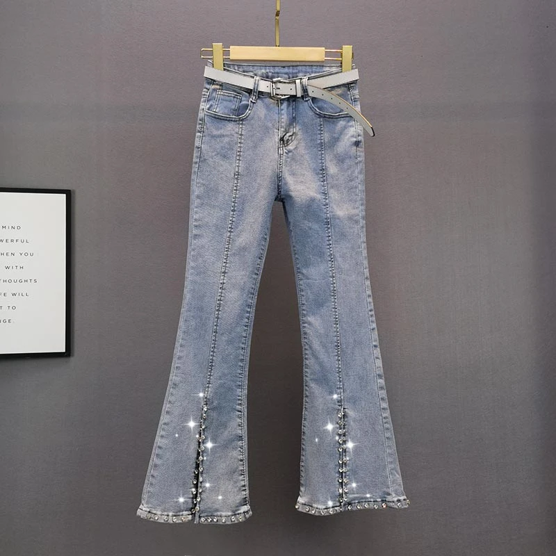 

Heavy Embellied Diamond Women's High Waist Slim Fit Jeans Spring Summer Faion Bell Bot Long Trousers Cotton Stretch Denim