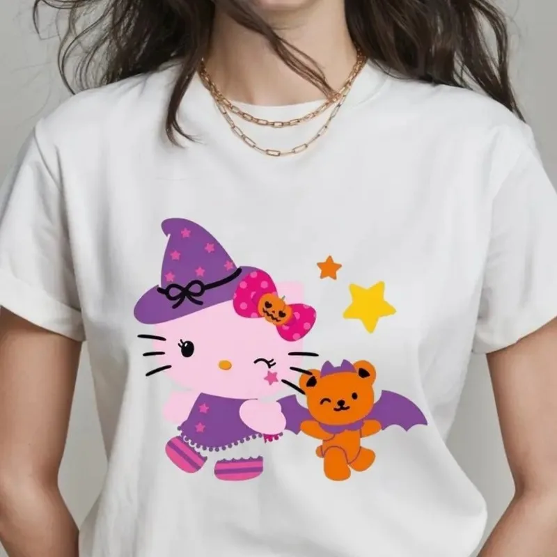 마녀 헬로 키티 할로윈 드레스업 만화 티셔츠 산리오 신상 여성 플러스 사이즈 휴일 선물 루즈 캐주얼 반팔 탑