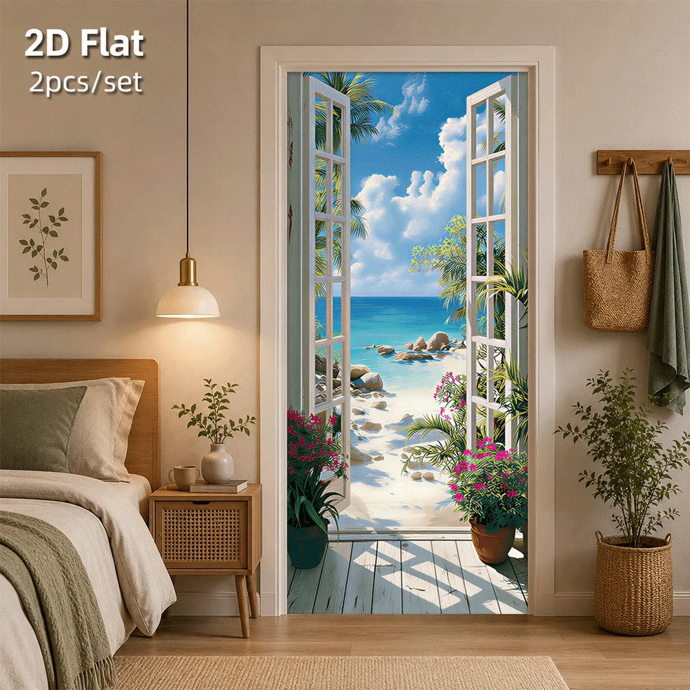 1 piece of seaside scenery door sticker, tropical beach palm tree decoration sticker, waterproof self-adhesive bedroom living ro view 4