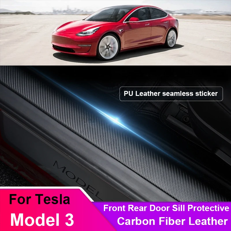

For Tesla Model 3 2016-2026 Car accessories Carbon Fiber Leather Front Rear Door Sill Protective Hidden Protection 4pcs/Set