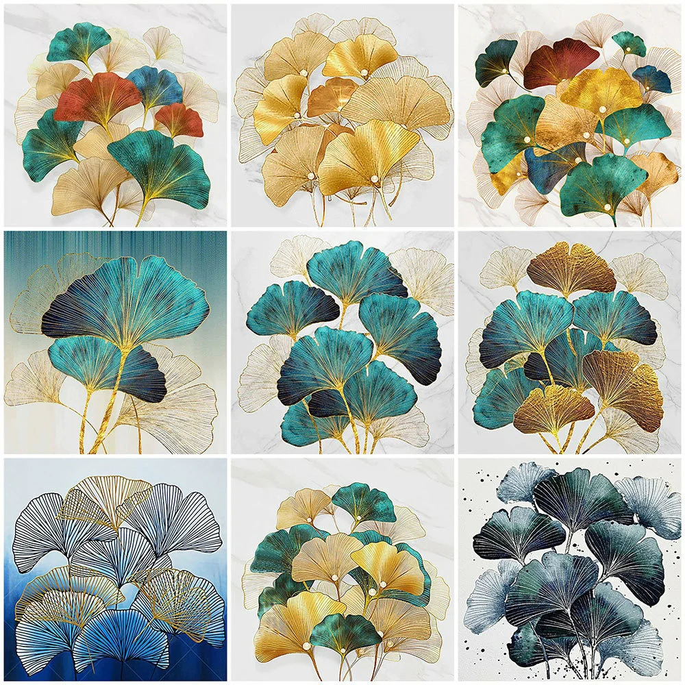 HUACAN-pintura de diamante de hojas de Ginkgo, bordado de diamantes cuadrado completo, imagen de flor de mosaico de diamantes de imitación, regalo hecho a mano