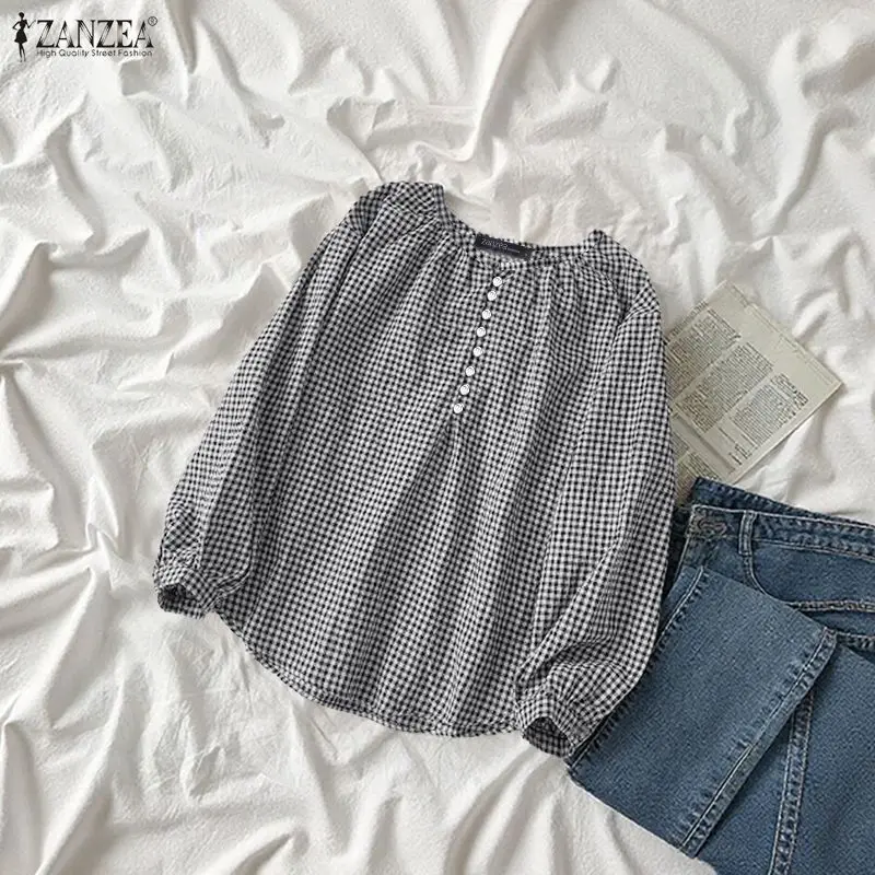 여성 캐주얼 데일리 깅엄 블라우스 주름진 O넥 반단추 긴팔 체크 탑 봄 여름 ZANZEA 여성 의류