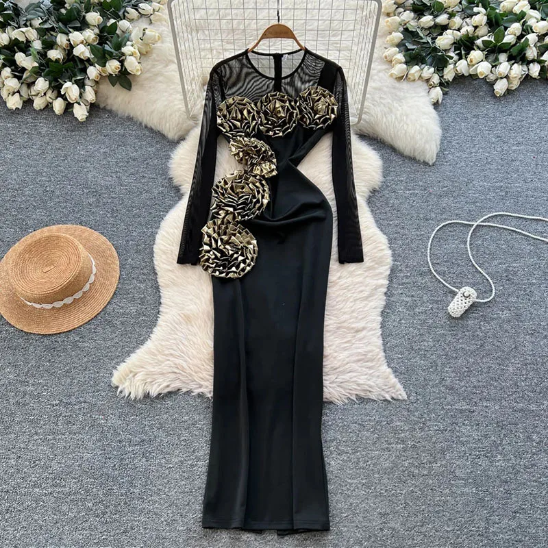 Women 3D Floral Dress Luxury Long Sleeve Zipper Design Splice Slim American Fashion Split Mesh Sheer Sexy Party Dress