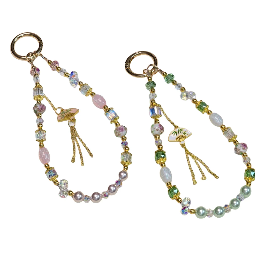 Retro Chinese Fan Tassel Mobile Phone Chain Short Wrist Portable Chain Crystal Beaded Hanging Chain Mobile Phone Case Hanging De