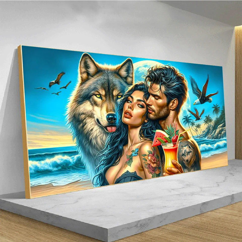 Romantic couple and wolf by the seaside Diamond Painting New 2024 Diy Full Diamond Mosaic Embroidery Halloween Gift,Home Decor