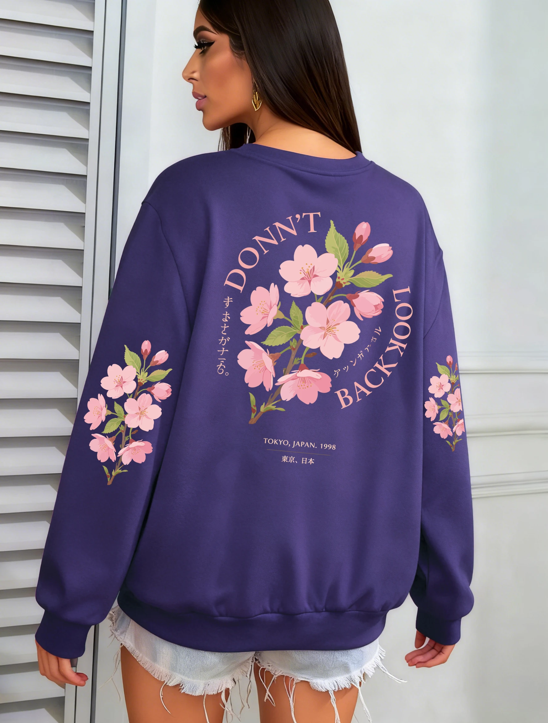 Don'T Look Back Tokyo Flower Design Womens Sweatshirts Y2K Loose Pullover Autumn Fleece Streetwear Casual O-Neck Clothes