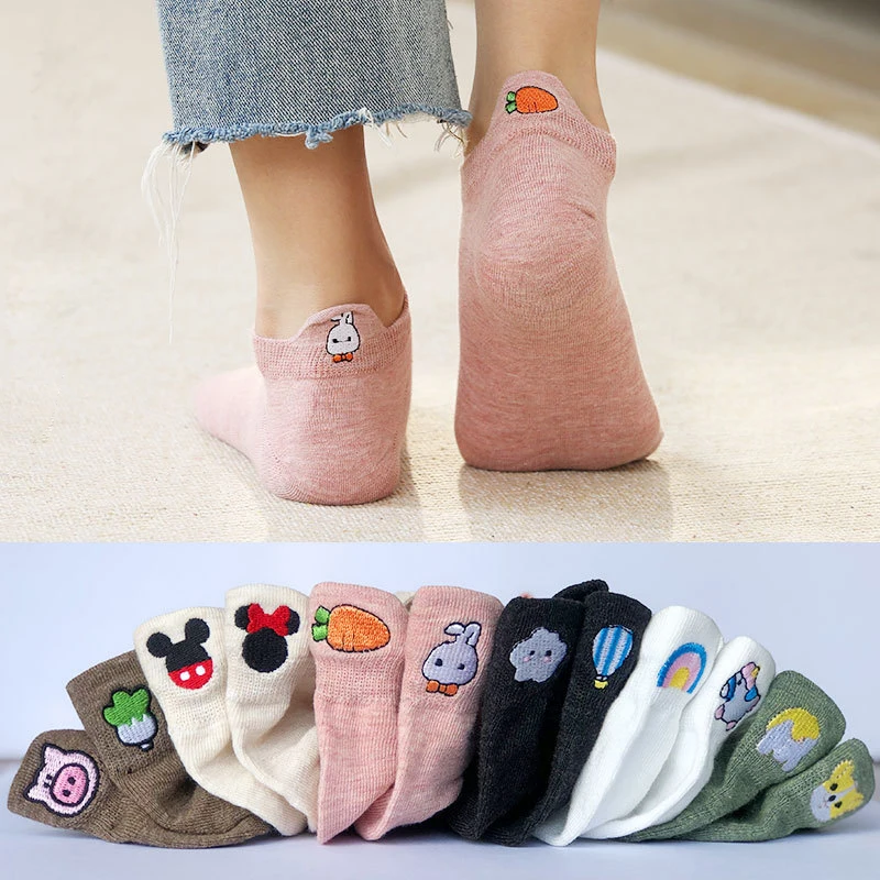 Women Cute Embroidered Cotton Socks Kawaii Cartoon Animal Rabbit Dog Bear Short Ankle Socks Trendy Fashion Breathable Boat Socks