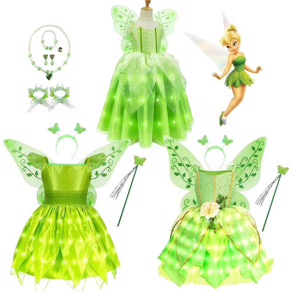 Disney Princess Tinkerbell LED Light Up Dress for Girls Coasplay Tinker Bell Halloween Costume Party Carnival Evening Dresses