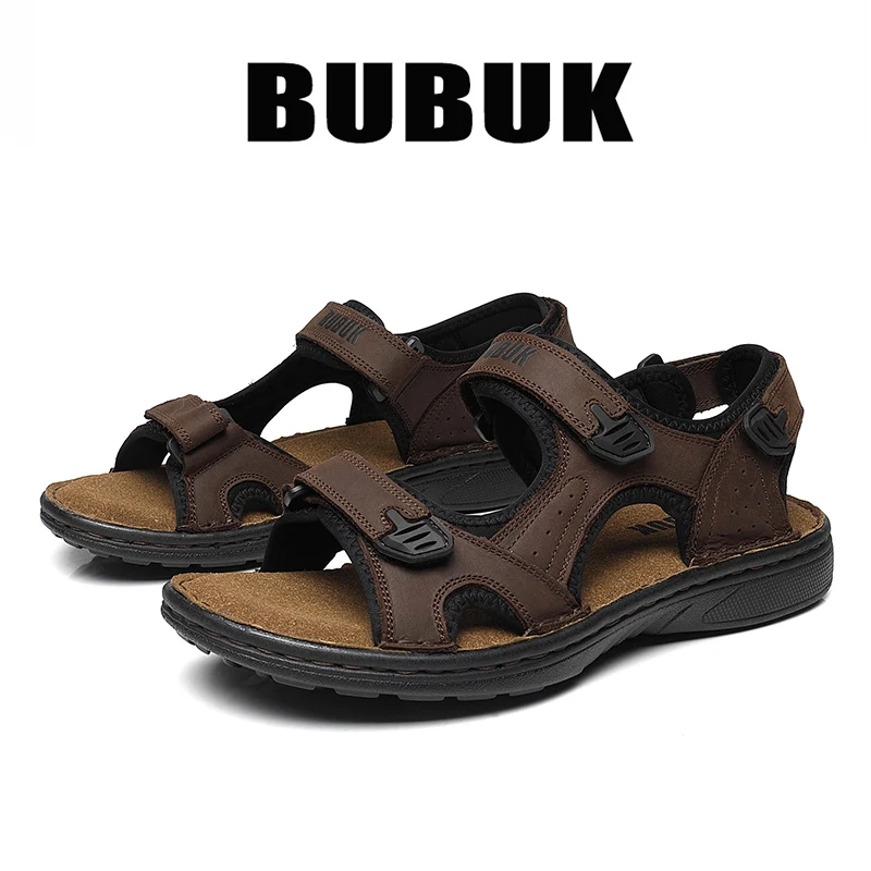 bubuk-メンズ-アウトドア-サンダル-トップレイヤー牛革製、調節可能なベルクロストラップ付き、滑り止めの厚いソール、ビーチ、ハイキング、釣り、通勤に最適