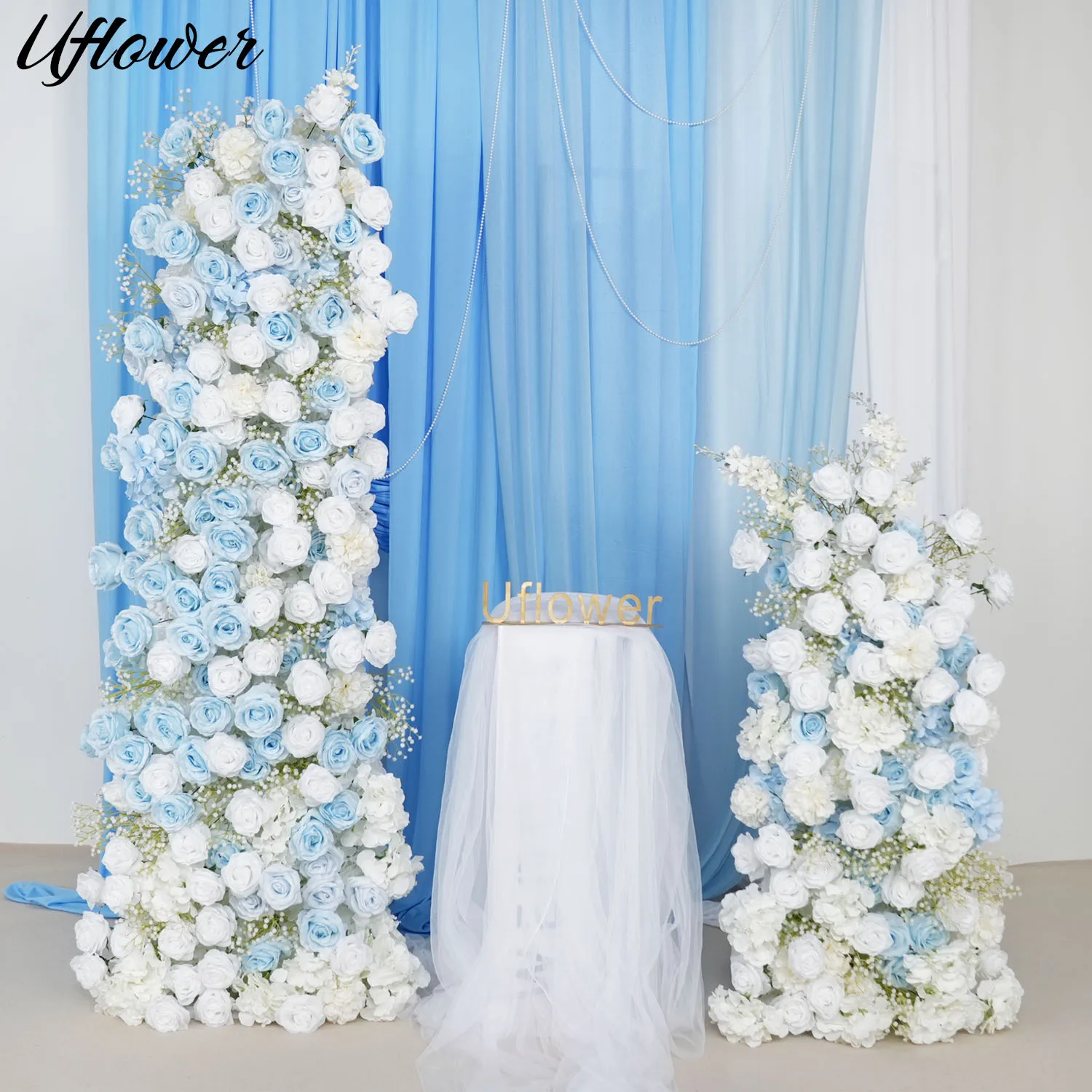 Uflower Luxury Blue Wedding Backdrop Arch Decor 5D Floral Arrangement Rose Flower Row Flower Wall Party Event Window Display