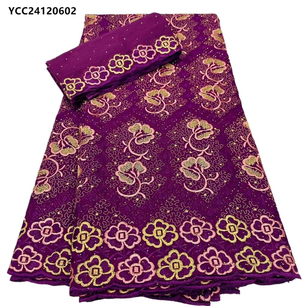 

Nice Embroidery African Cotton Lace Fabric 5 Yards +2 Yards Soft Voile Scarf for 1 Set YCC24120301-130