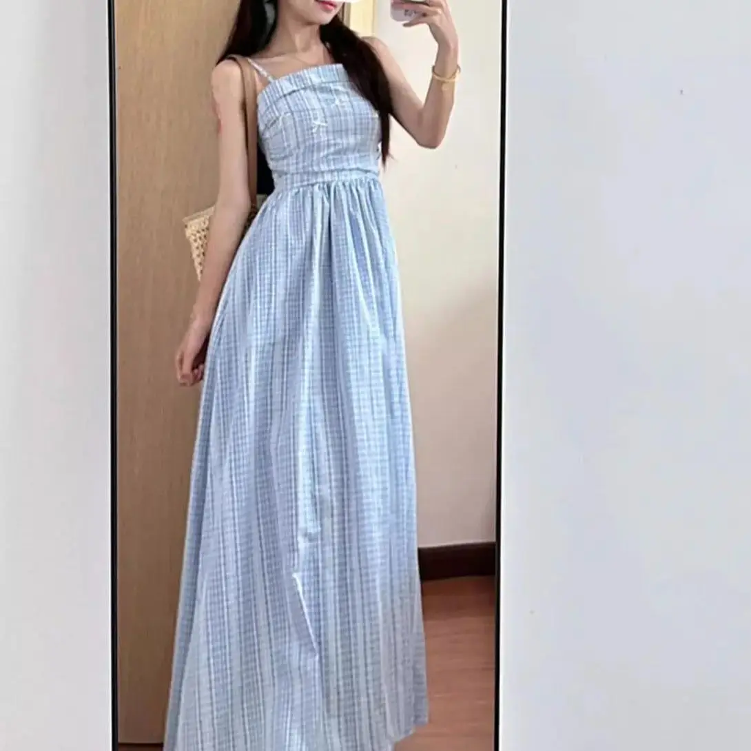 

Camisole Dresses Lace Splicing Irregular Plaid Print Elegant Sweet 2024 Summer New A-Line Dress For Women Slim Waist Long Dress