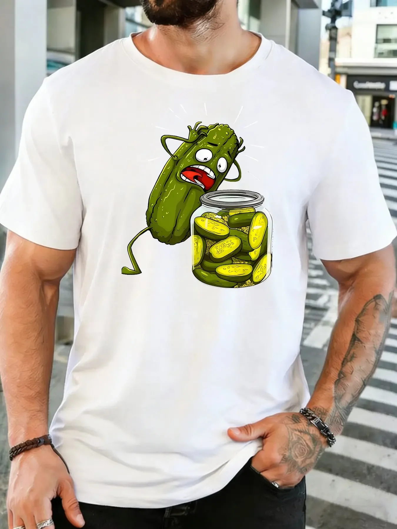 Male Dark Blue Round Neck T Shirt Panicked Anthropomorphic Pickle Escape Glass Jar Hilarious Vegetable Cartoon Daily Cotton Tee