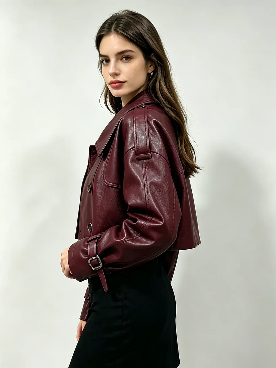 RU Women Streetwear Cropped Faux Leather Coat Lapel Double Breasted Shoulder Strap Buckle Cuff Loose Long Sleeve Short Jacket