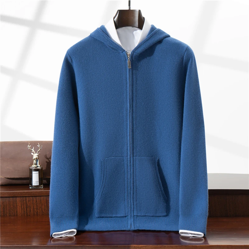 Thickened 100% Wool Coat Men's Knitted Long Sleeve Sweatshirt Autumn Winter Versatile Hooded with Pockets Loose Zipper Cardigan