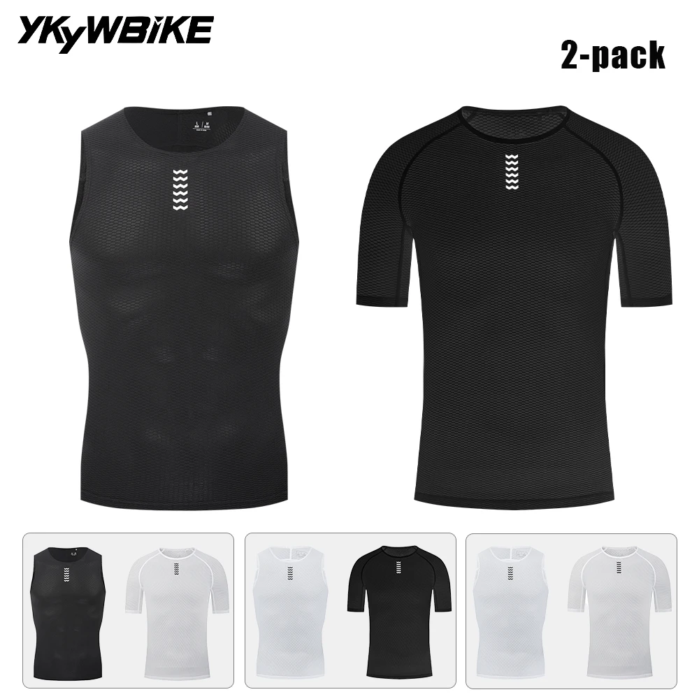 

YKYWBIKE 2-Pack Mens Summer Cycling Base Layers Male Bicycle Short Sleeve & Sleeveless Shirt Breathable Quick Dry Underwear