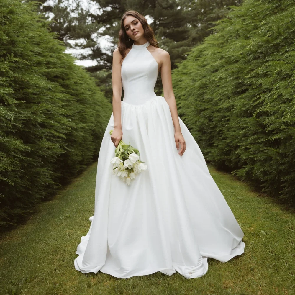 

Customized Halter Simple Wedding Dresses A Line Backless Bridal Gowns Elegant Floor Length Bride Robes vestido de novia