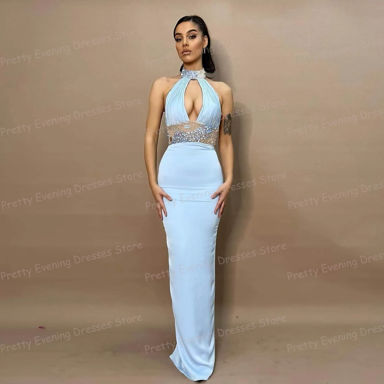 

Glisten Evening Dresses 2024 Mermaid Women's Sexy Sequined Hollow Sleeveless High Neck Satin Prom Gowns Fashion Vestidos De Gala