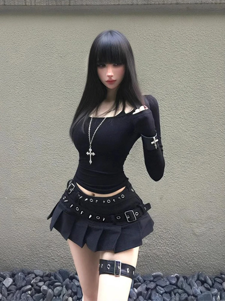 Y2K Millennium Sle ort Bla Skirt Women's Low Waist Pleated  Skirt Heavy Du Rivets Pure Desire Autumn Faion