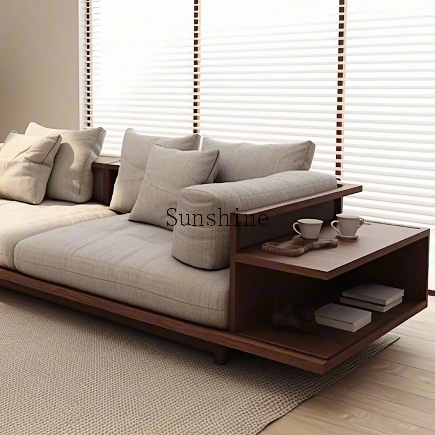 Fabric straight row sofa living room modern simple light luxury solid wood sofa ash wood  FT