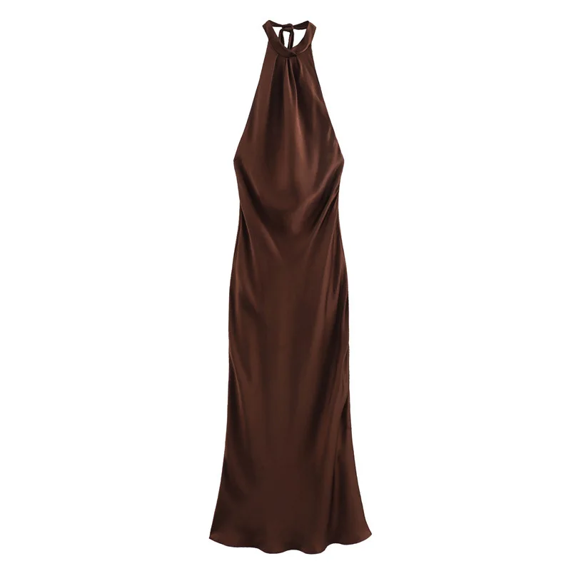Halterneck Satin Maxi Dress Women's Lace-up Open Back Brown Midi Dress Summer Off-the-Shoulder Party Dress Pleated Evening Gown