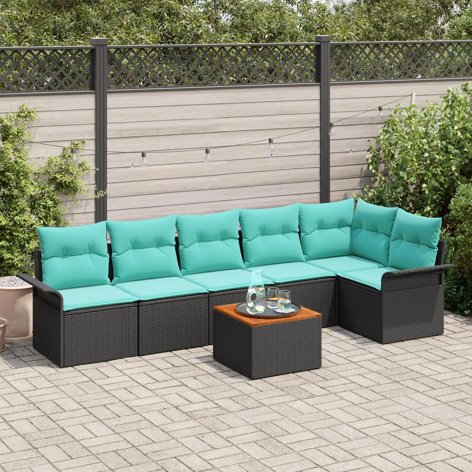 

Stylish 7 Piece Outdoor Sofa Set with Cushions Black Rattan and Acacia Wood Garden Furniture