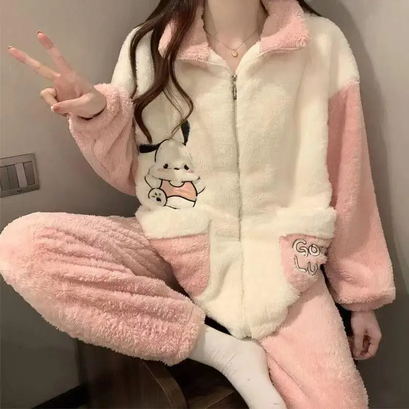 Sanrio Hello Kitty Girl Flannel Flip Collar Keep Warm Long Sleeves Pajama Set Winter Kawaii Kuromi Comic Thickening Home Clothes