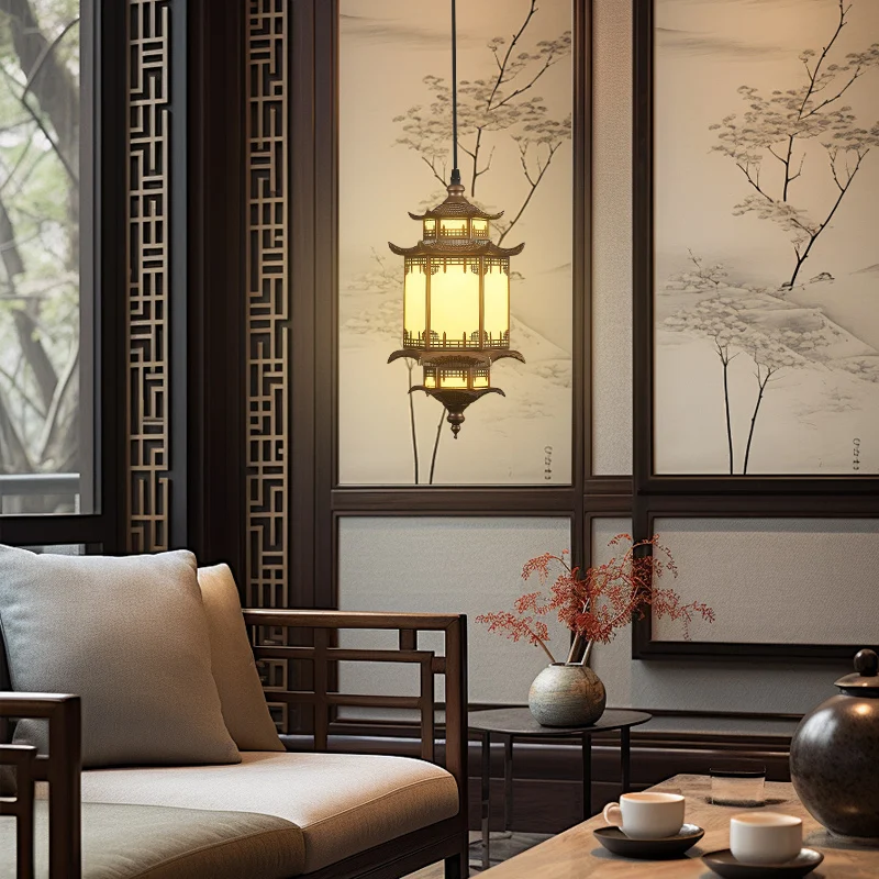 

New Chinese style, tea room, zen, small chandelier, temple, promenade