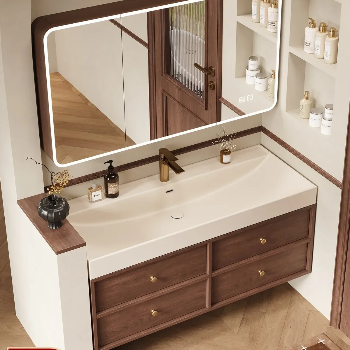 Medieval gilt stone marine basin bathroom cabinet combination solid wood multi-layer paint-free bathroom washbasin washstand