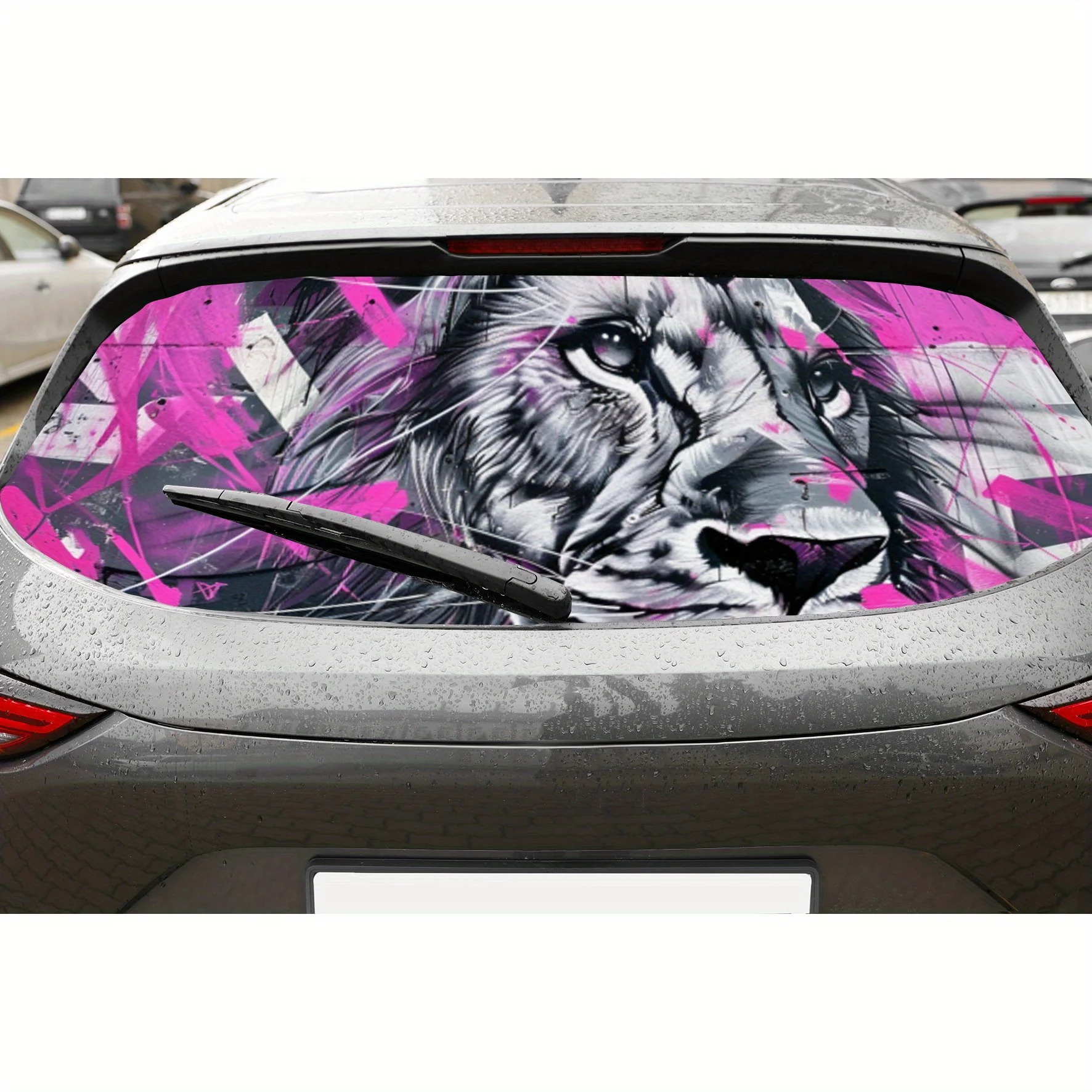 Cyber Pink Graffiti - أغطية فينيل للسيارة مثقوبة من مادة PVC على شكل أسد، ملصق متين للزجاج الأمامي الخلفي للسيارة، مظهر خلفي للسيارة مقاوم للماء