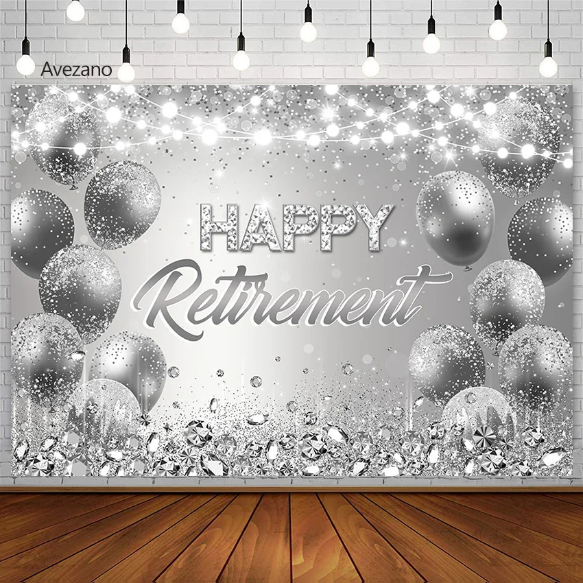 Avezano Happy Retirement Backdrop Silver Balloon Glitter Photography Background Party Decoration Birthday Photocall Custom Text