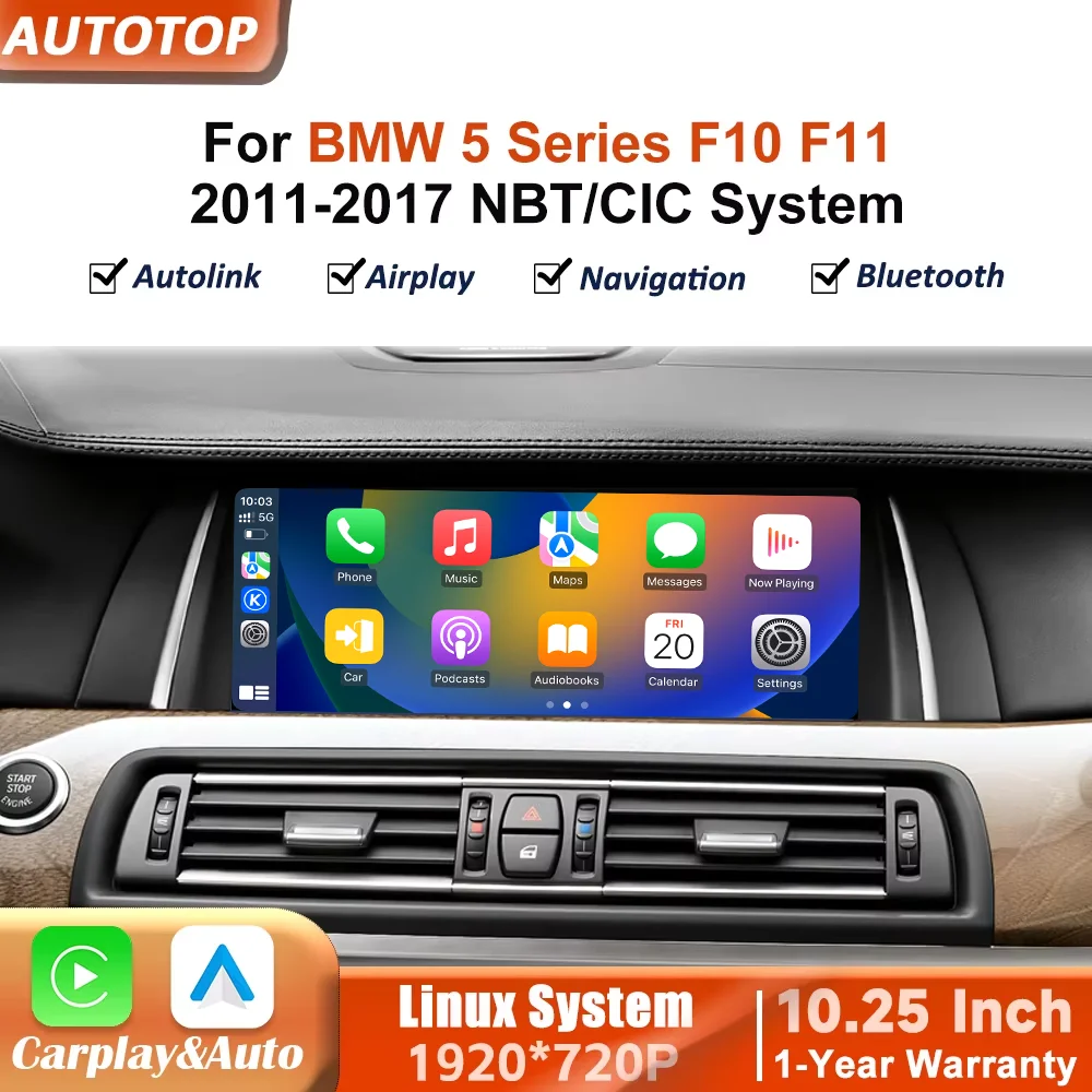 Autoradio sans fil Carplay Android Auto de 10,25 pouces pour BMW série 5 F10 F11 CIC NBT 2011-2017, lecteur vidéo multimédia, écran tactile avec YouTube en ligne, Airplay, Autolink, Mirror Link, WiFi, Bluetooth, navigation GPS